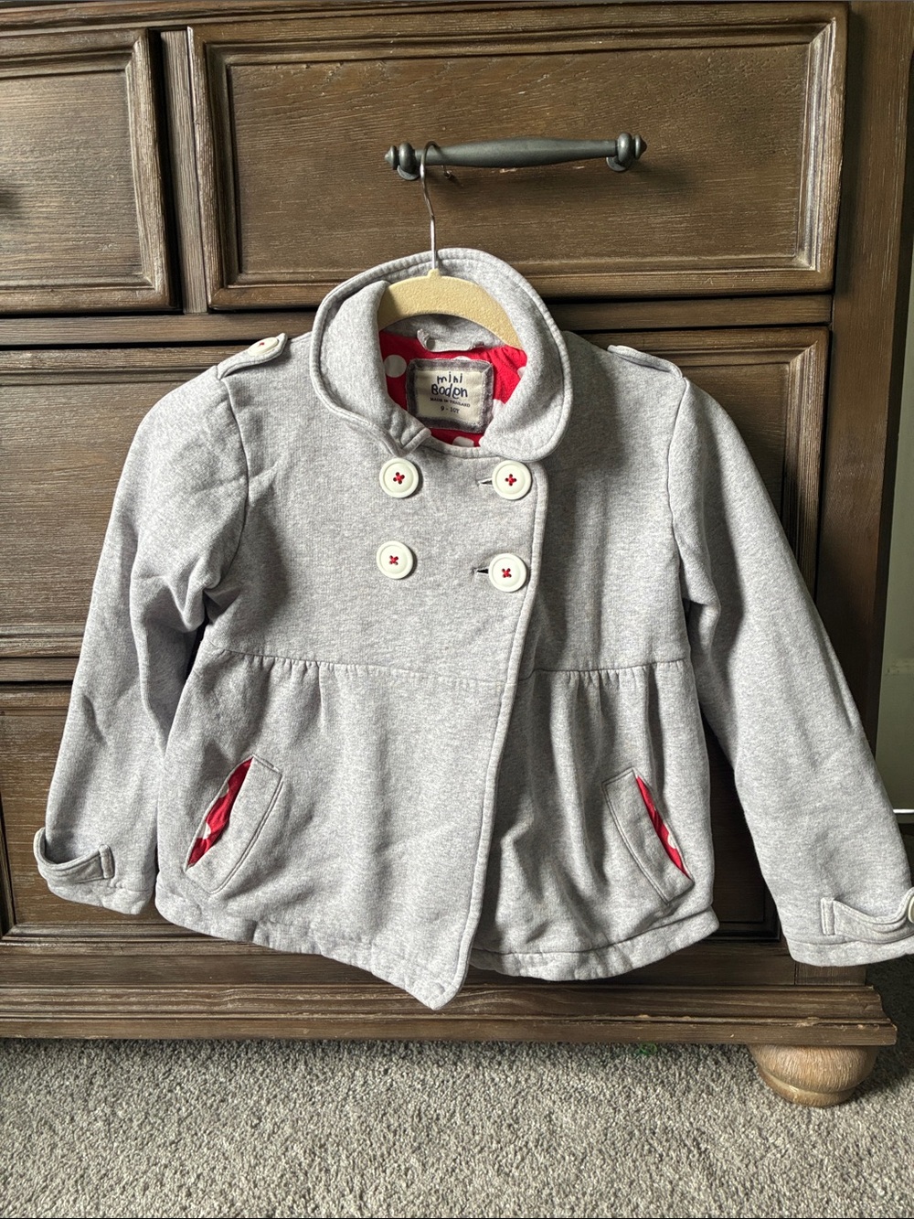 Boden Girls' Light Gray Peacoat with Red Pocket Details